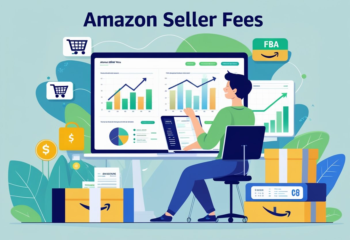 A person at a desk with a laptop reviewing charts and icons representing Amazon seller fees, including a shopping cart, a shipping box, and a calculator.