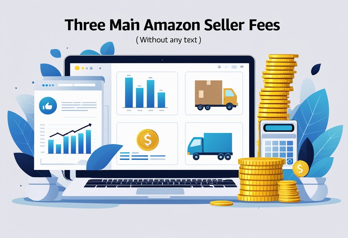 A workspace with a laptop showing charts, surrounded by icons representing referral fees, fulfillment fees with a warehouse and delivery truck, and cost calculations.