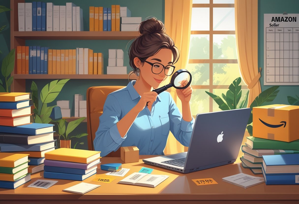 A person at a desk examining books with a magnifying glass and laptop, surrounded by books, shipping supplies, and a calendar.