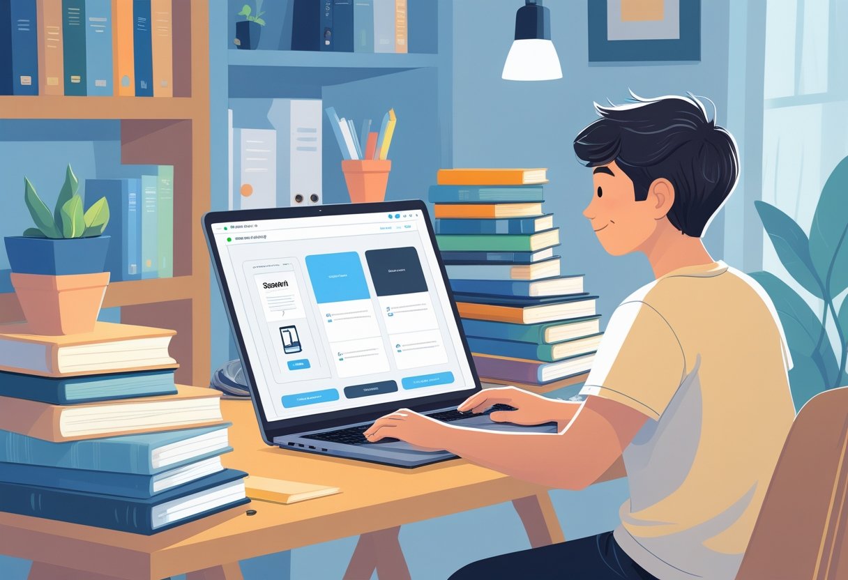 A person sitting at a desk with a laptop and stacks of books, scanning and sorting books to sell on Amazon.